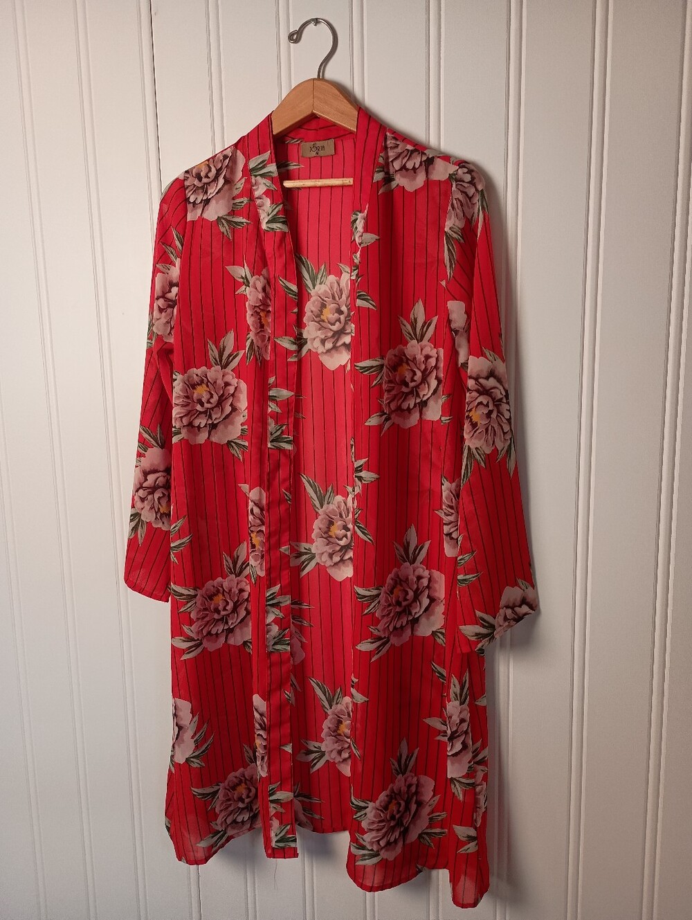 Jorja- Red Floral Kimono Duster with Pink Floral Print- Size M